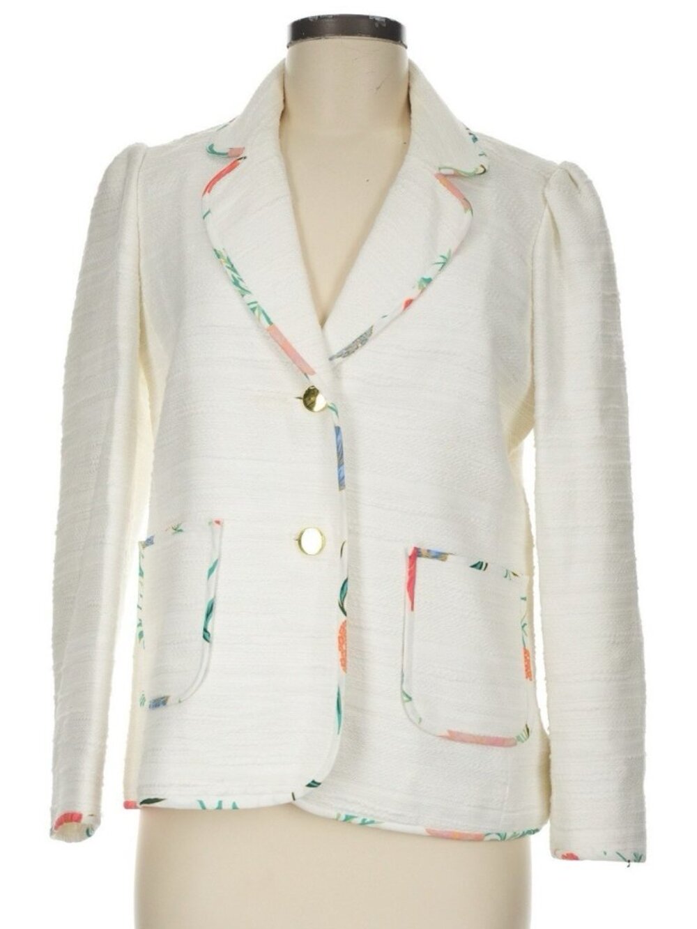 Kate Spade Ivory Tweed Blazer 8 Floral Piping Gold Buttons Puff Sleeve Preppy